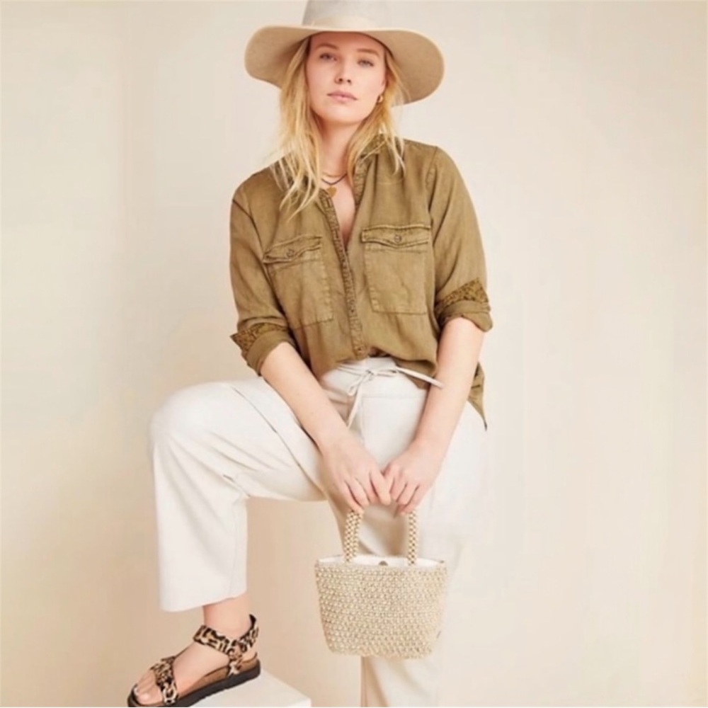 Anthropologie Pilcro Lyocell Long-Sleeve Pocket Cargo Button-down in Olive Sz M